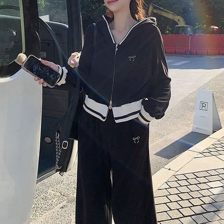 セットアップ トップス パーカー ワイドパンツ ダブルジップ ハートチャーム ジャージ 長袖 レトロ 韓国ファッション レディース 大人可愛い ガーリー カジュアル DTC-747506383779