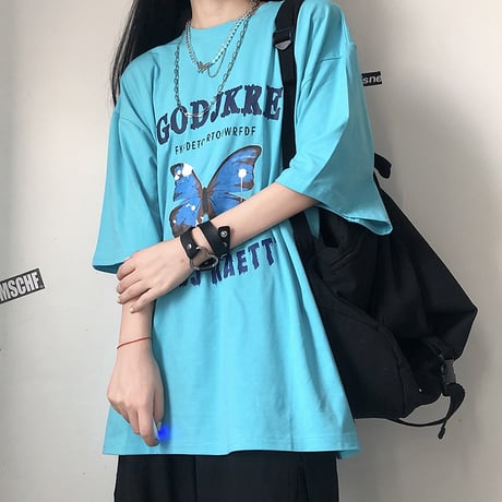 【2カラー】 Tシャツ バタフライ柄 半袖Tシャツ 半袖 オーバーサイズ レトロ 韓国ファッション レディース 大人可愛い ガーリー カジュアル ストリート系 DTC-619205596025