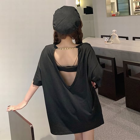 オープンバック Tシャツ チェーン 半袖 ルーズ ラウンドネック 韓国ファッション レディース 背中あき トップス 大きめ カジュアル ストリートファッション DTC-641641966535