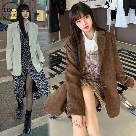 コーデュロイ テーラードジャケット ルーズ シングルブレスト 韓国ファッション レディース 長袖 大人可愛い ガーリー DTC-632327247917