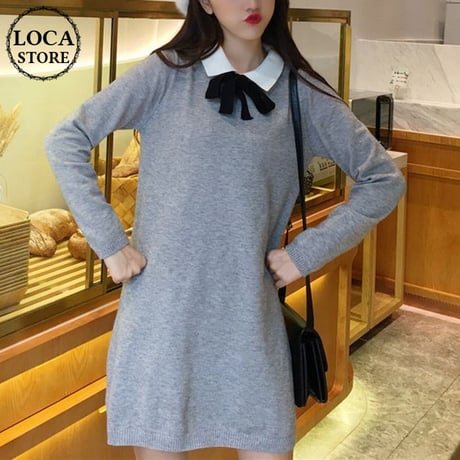 襟付き ニットワンピース 韓国ファッション レディース ボウタイ リボン 長袖 シンプル レトロ ガーリー 秋 冬 大人カジュアル (DTC-581766801275)