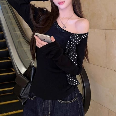 トップス ニット オフショルダー ショート丈 ドット柄 水玉 スカーフ リボン ワンショルダー リブニット スリムフィット 長袖 レトロ 大人可愛い ガーリー DTCA-860044352734