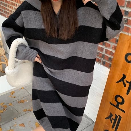 ボーダー柄 フード付き ニットワンピース ロング丈 ニット 長袖 ゆったり ルーズ レトロ 韓国ファッション レディース 大人可愛い ガーリー カジュアル DTC-663533210883