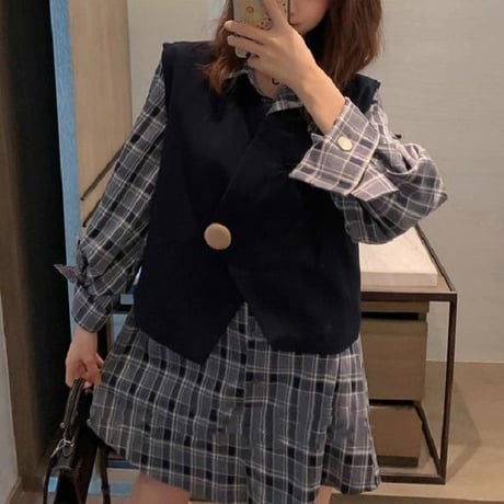 セットアップ チェック柄 シャツワンピース ロングシャツ 不規則 ベスト 長袖 ルーズ 韓国ファッション レディース 2点セット 大人可愛い ガーリー DTC-626058092111