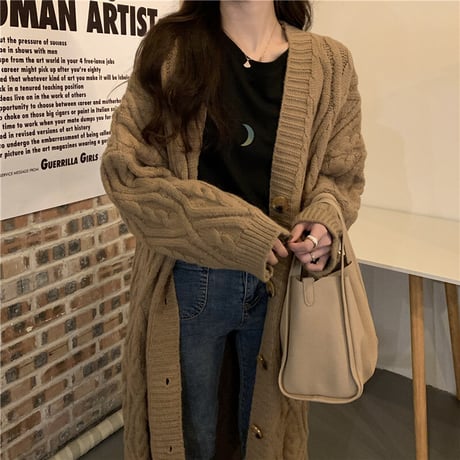 ロングカーディガン ケーブル編み ニット ツイストニット カーディガン ルーズ 長袖 大人可愛い ガーリーDTC-651811052937