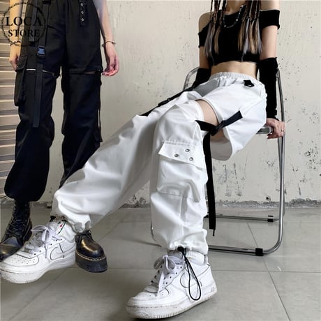 2WAY カーゴパンツ ワイドパンツ バックルベルト ストラップ ミリタリーパンツ アシンメトリー ウエストゴム 韓国ファッション レディース 大人可愛い ガーリー DTC-656242658198