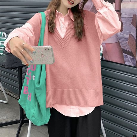 2点セット シャツ ニットベスト Vネック レイヤード ゆったり トップス レトロ 韓国ファッション レディース 大人可愛い ガーリー カジュアル DTC-652316612772