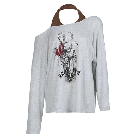 フェイクレイヤード ロンT オフショルダー オーバーサイズ フェイクツーピース tシャツ トップス 長袖 ルーズ レトロ 大人可愛い ガーリー カジュアル DTCA-909121064789
