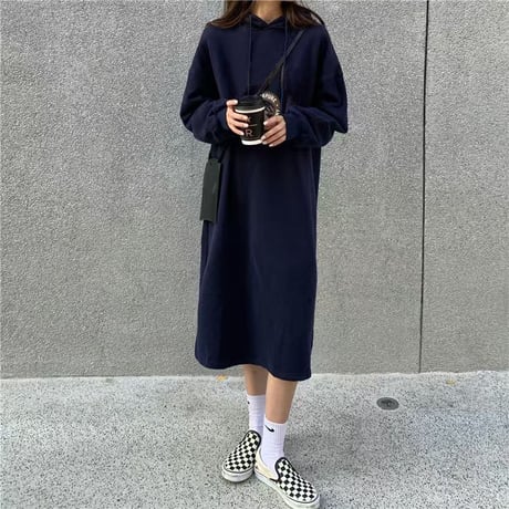 フード付き ワンピース スウェット パーカーワンピース 薄手 プルオーバー 体型カバー スリット ロングワンピース 長袖 ゆったり ルーズ レトロ カジュアル DTCA-687981503456