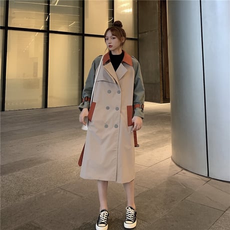 ロングコート バイカラー ベルト付き 袖ベルト 韓国ファッション レディース トレンチコート ダブルブレスト カジュアル 長袖 ゆったり 大人可愛い ガーリー DTC-627252394911