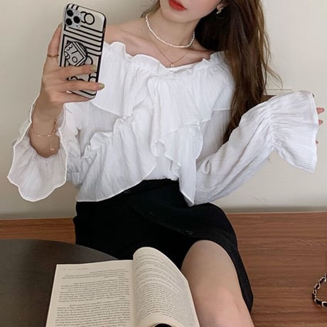 フリル ブラウス Vネック トランペットスリーブ 長袖 薄手 韓国ファッション レディース 大人可愛い ガーリー フェミニン DTC-641245079395