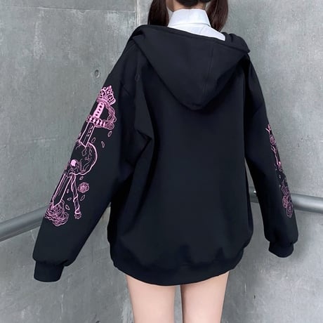 パーカー ジップアップ 袖プリント トップス フード付き スウェット ルーズ 長袖 レトロ 韓国ファッション レディース 大人可愛い ガーリー フェミニン DTCA-656978730390