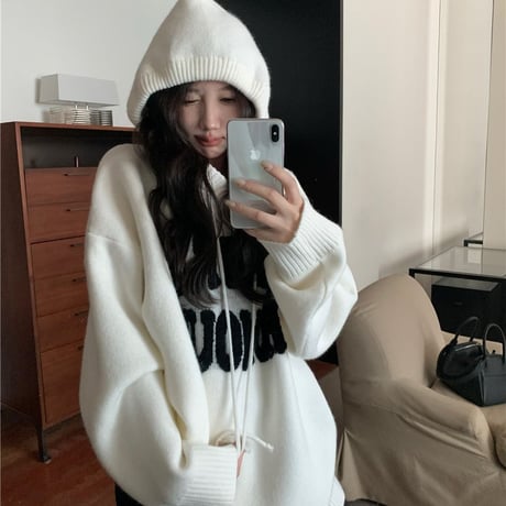 ニットパーカー ロゴ ジャガードニット フード付きニット セーター プルオーバー トップス ルーズ 長袖 レトロ 大人可愛い ガーリー カジュアル DTCA-845962810287