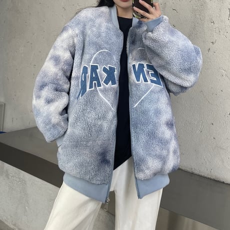 タイダイ染め ボアジャケット ボアブルゾン フリース アウター 暖かい ゆったり 防寒 もこもこ ジップアップ レトロ ガーリー カジュアル ストリートファッション DTC-657792715247
