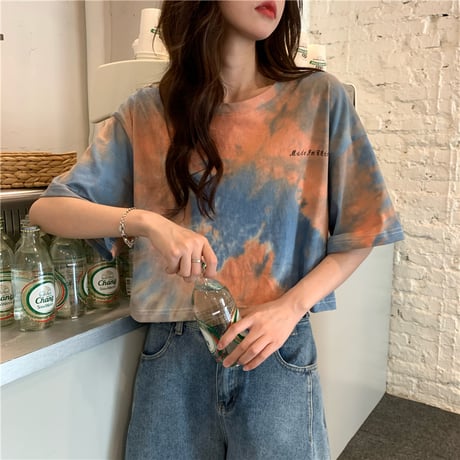 【3カラー】  Tシャツ タイダイ柄 半袖 クロップド丈 ショート丈 へそ出し 絞り染め カジュアル 韓国ファッション レディース 韓国ストリートファッション DTC-646013907781