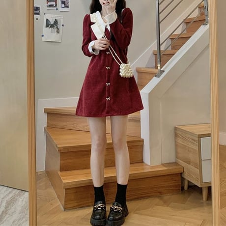 襟付きワンピース リボン ビジュー 大きい襟 ハイウエスト 長袖 Aライン レトロ ワンピース 韓国ファッション レディース 大人可愛い ガーリー フェミニン DTC-662241012829