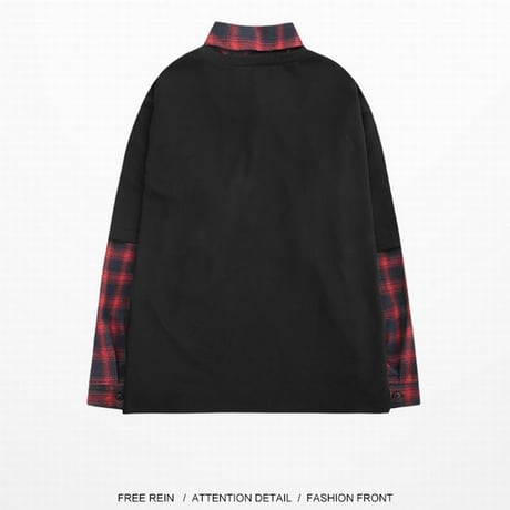 ユニセックス メンズ レディース カットソー レイヤード風 Tシャツ チェック柄シャツ ネルシャツ ドッキング オーバーサイズ オルチャン 韓国 韓国ファッション (DTC-583286459353)