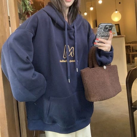 プルオーバー パーカー ネイビー オーバーサイズ 裏起毛 トップス 秋 冬 長袖 ルーズ レトロ 韓国ファッション レディース 大人可愛い ガーリー カジュアル DTC-756523311074_n
