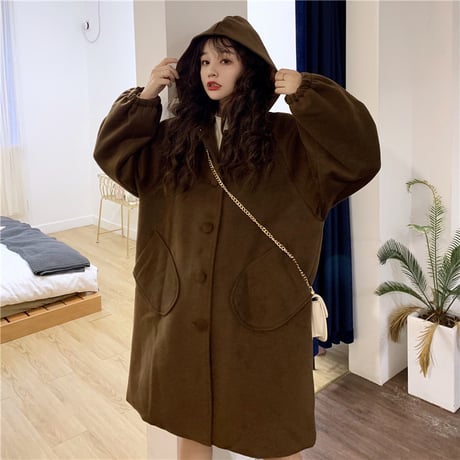 フード付き コート 韓国 ファッション レディース ポケット ランタンスリーブ パフ袖 アウター ロング丈コート ウールコート レトロ (DTC-606921346543)