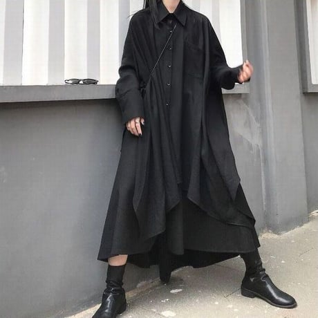 アシンメトリー ロングシャツ 長袖 ルーズ 韓国ファッション レディース シャツワンピース シャツ アシメ 不規則デザイン 暗黒系 ドルマンシャツ ガーリー DTC-601048675644