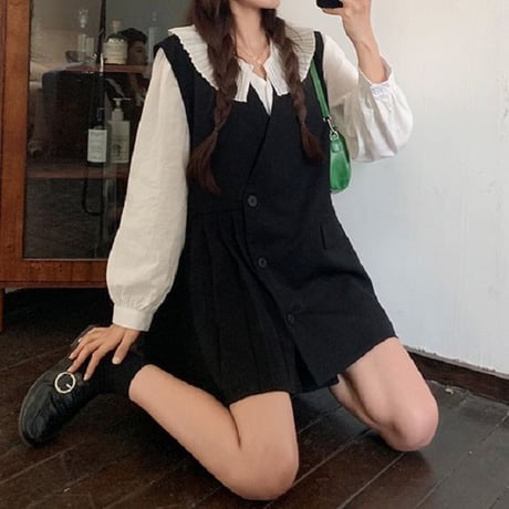 セットアップ ブラウス ＋ ベストワンピース プリーツ フロントボタン 韓国ファッション レディース 2点セット 大人可愛い ガーリー フェミニン レトロ DTC-641172143458