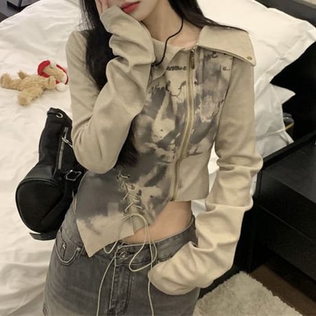 不規則デザイン 襟付き Tシャツ レースアップ ファスナー ジップアップ ショート丈 トップス スリムフィット 韓国ファッション レディース 大人可愛い ガーリー DTC-695994211842