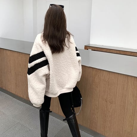 ボアブルゾン ボアジャケット 袖ライン アウター フェイクラムウール もこもこ オーバーサイズ 防寒 ゆったり ルーズ 長袖 冬 レトロ 大人可愛い ガーリー DTCA-681598096572