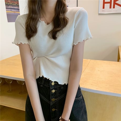 ウェーブヘム リブニット サマーニット Tシャツ 半袖 ラウンドネック トップス 韓国ファッション レディース カットソー シンプル 大人可愛い ガーリー DTC-639423318201