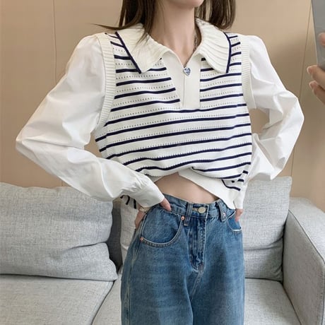 ドッキングトップス ボーダー柄 ニットベスト ブラウス フェイクレイヤード ショート丈 重ね着風 長袖 レトロ 韓国ファッション レディース 大人可愛い ガーリー DTC-679215300569