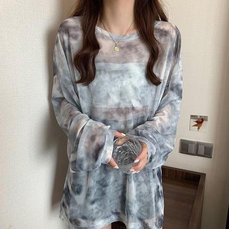 タイダイ柄 tシャツ シアートップス 薄手 クルーネック シアーtシャツ トップス オーバーサイズ ゆったり ルーズ 長袖 レトロ 大人可愛い ガーリー DTCA-745927970542
