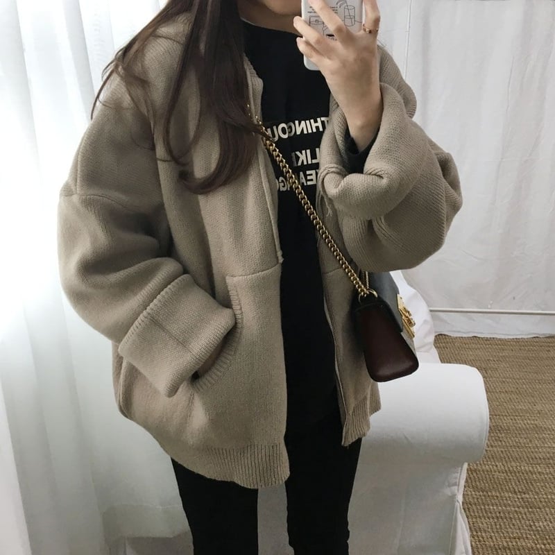 フード付きベージュニットカーディガン ベージュ フード付きニットカーディガン