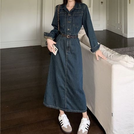 デニム ワンピース 襟付き ハイウエスト ロングワンピース ウエストマーク Aライン 長袖 レトロ 大人可愛い ガーリー カジュアル DTCA-970921557922