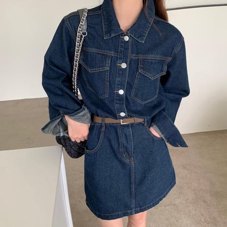 デニム ワンピース 襟付き ハイウエスト ショート丈 長袖 レトロ 韓国ファッション レディース 大人可愛い ガーリー フェミニン DTC-668109841308