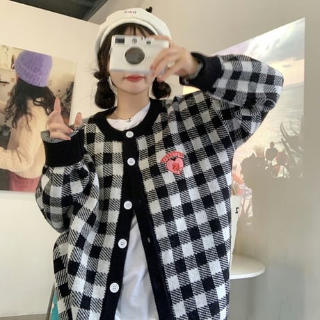 チェック柄 ニットカーディガン ハート ラウンドネック 長袖 オーバーサイズ 韓国ファッション レディース ニット カーディガン 大人可愛い ガーリー カジュアル DTC-652488720754