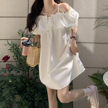 フリル ワンピース オフショルダー 半袖 パフスリーブ ミニワンピース ハイウエスト レトロ 韓国ファッション レディース 大人可愛い ガーリー DTC-671507172451
