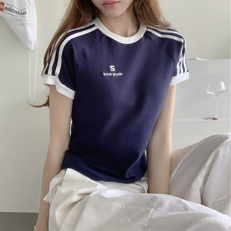 Tシャツ サイドライン スリムフィット トップス 半袖 レトロ 韓国ファッション レディース 大人可愛い ガーリー スポーツミックス カジュアル DTC-800737155571
