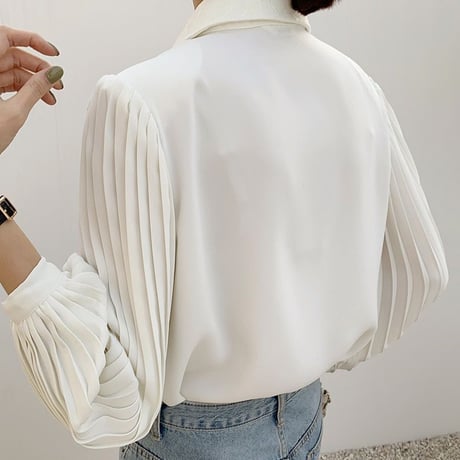 プリーツ袖 ブラウス シャツ ランタンスリーブ レース シフォン トップス ルーズ 長袖 レトロ 韓国ファッション レディース 大人可愛い ガーリー フェミニン DTC-632448045979