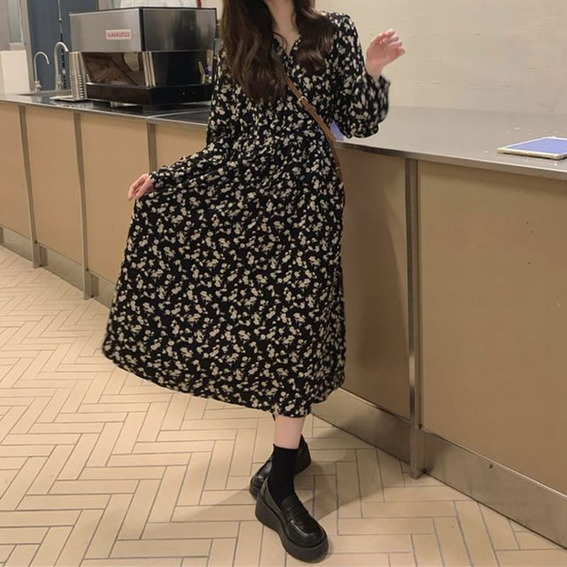 花柄 フェミニン ロング ワンピース ハイウエスト Aライン 花柄 ワンピース Vネック ハイウエスト 伸縮性ウエスト Aライン