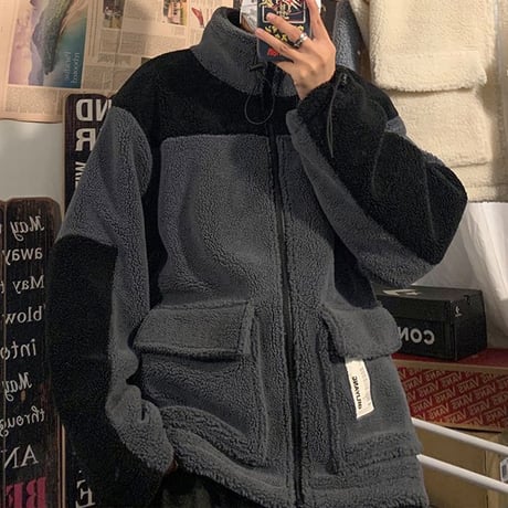 ユニセックス バイカラー ボアブルゾン ボアジャケット ボア アウター オーバーサイズ ゆったり 韓国ファッション メンズ レディース ストリートファッション DTC-607497903384