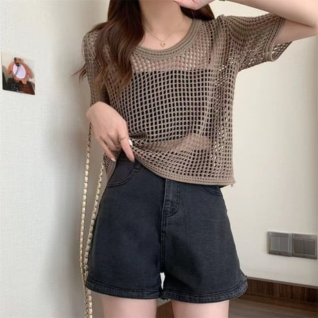 サマーニット メッシュ トップス プルオーバー tシャツ 透かし編み クルーネック ショート丈 レイヤードトップス 半袖 レトロ 大人可愛い ガーリー カジュアル DTCA-676945045996