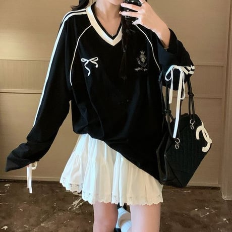 ユニフォーム風 トップス サイドライン リボン プルオーバー ロンT tシャツ Vネック オーバーサイズ ルーズ 長袖 レトロ 大人可愛い ガーリー カジュアル DTCA-839618355803