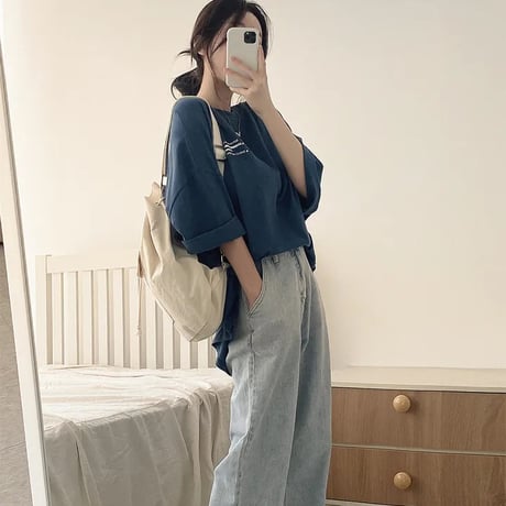Tシャツ ワンポイント レタープリント 半袖 ドロップショルダー クルーネック シンプル ルーズ レトロ 大人可愛い ガーリー カジュアル ストリート女子 DTCA-833491440518