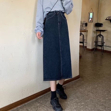 デニムスカート スリット ロングスカート 韓国ファッション レディース ハイウエスト Aライン 大人カジュアル かわいい ガーリー 626231864384