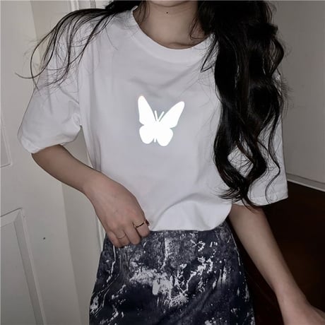ユニセックス Tシャツ 反射光 バタフライ 半袖 ルーズ 韓国ファッション メンズ レディース トップス 大きめ カジュアル ストリートファッション DTC-617478923344