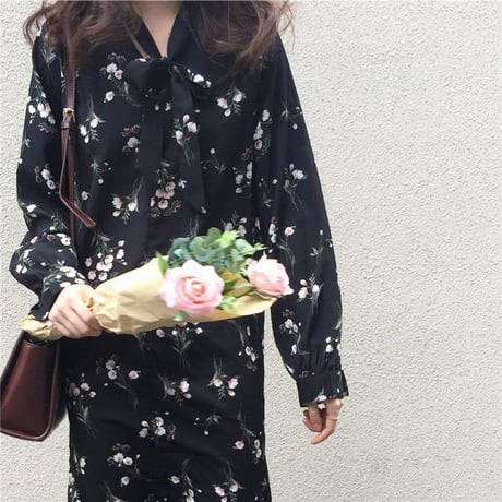 レディース リボン 花柄ワンピース ロング丈 ボウタイ フェミニン 韓国ファッション オルチャン (DCT-575431180054)