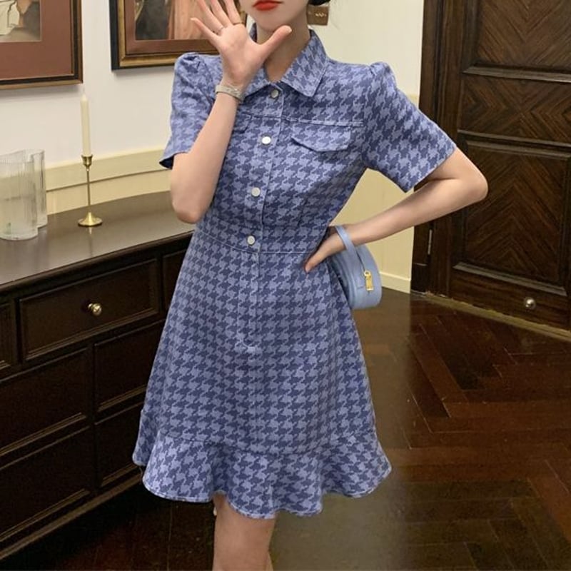 千鳥柄 デニムワンピース フィッシュテール チェック柄 ハイ 千鳥柄 デニムワンピース フィッシュテール チェック柄 ハイ