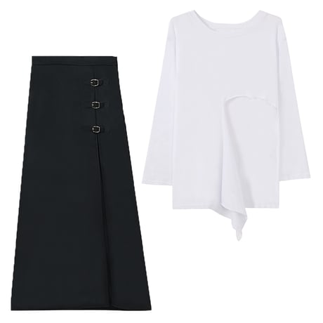 2点セット 不規則 Tシャツ 長袖 ＋ ロングスカート スリット バックル 韓国ファッション レディース セットアップ Tシャツ スカート 大人可愛い ガーリー DTC-626234293153