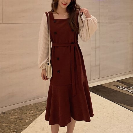 フェイクレイヤード ジャンパースカート 韓国ファッション レディース ハイウエスト パフ袖 ロングスカート 重ね着風 長袖 DTC-609838966122