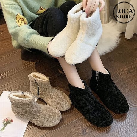 ファーブーツ サイドジッパー ムートンブーツ 22.5～25.0cm 韓国ファッション レディース ボアブーツ 防寒 もこもこ 履きやすい カジュアル 629344759597