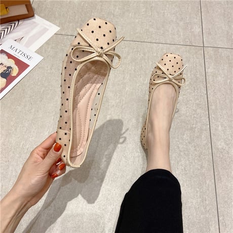 ドット柄 フラットパンプス メッシュ リボン フラットシューズ 22.5～25.5cm ローヒール パンプス 大人可愛い ガーリー 韓国ファッション レディース DTC-644142227857